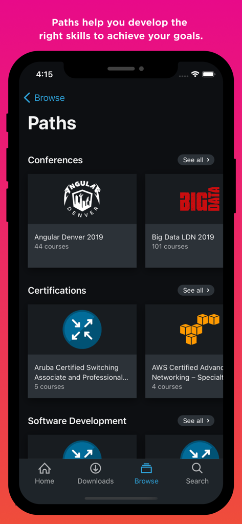 Pluralsight - Pluralsight app browse screen showing curated learning paths for tech conferences and professional certifications