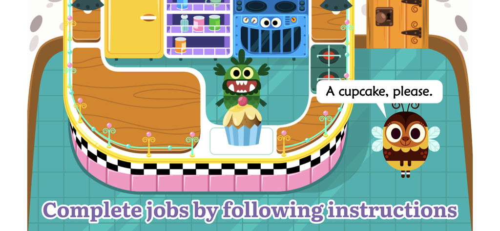 A green monster in a kitchen following a written instruction to give a cupcake to a bee character