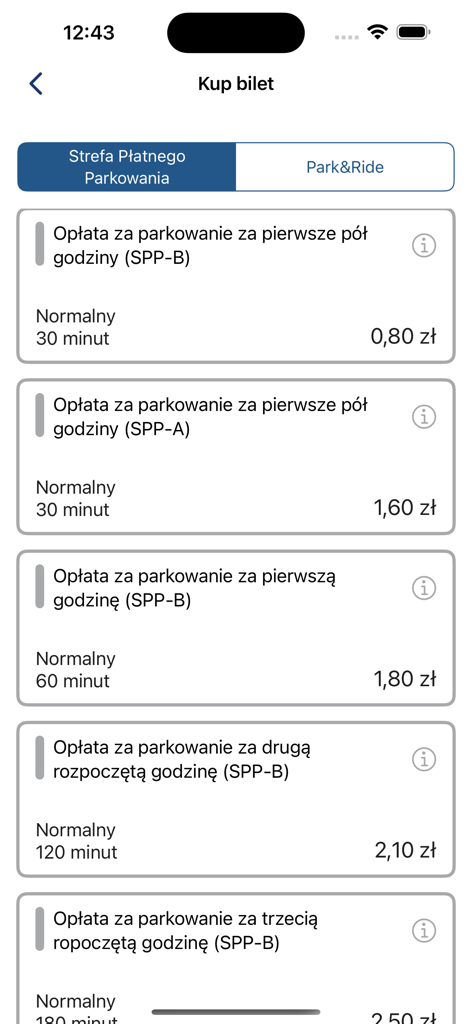 JO-TORUŃ mobile app interface displaying various parking fee options and time slots for city zones.