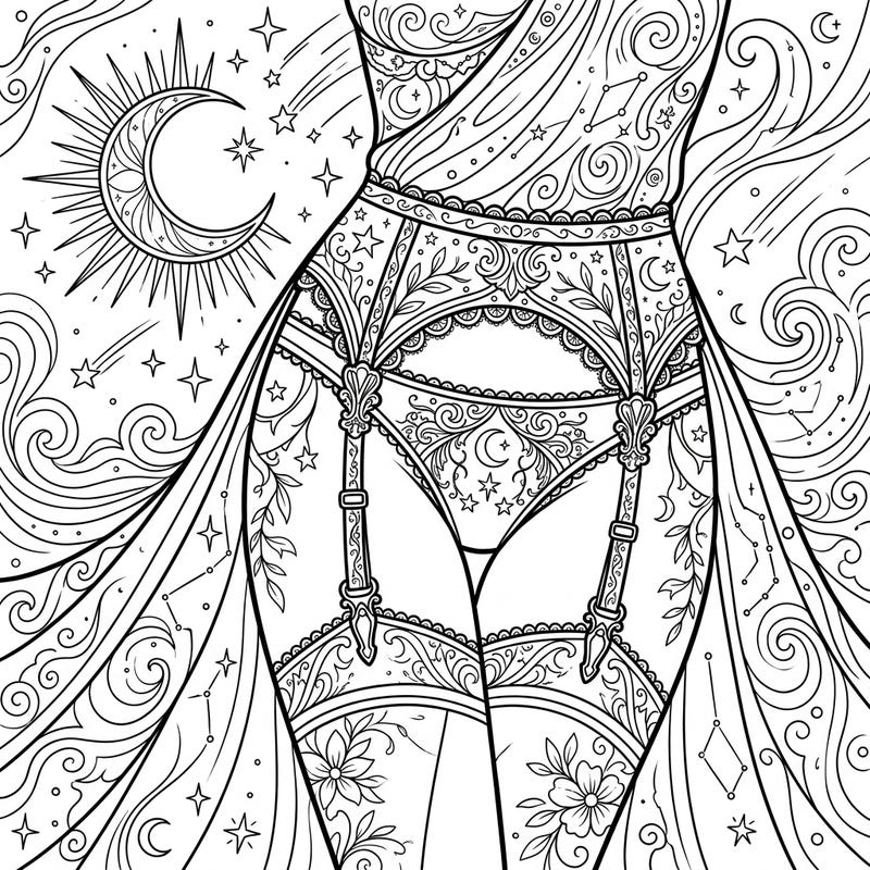 Dive into a dreamy coloring experience with our intricate Garter Belts design set against a magical night sky. This enchanting page features celestial motifs and elegant patterns, perfect for mindful relaxation.