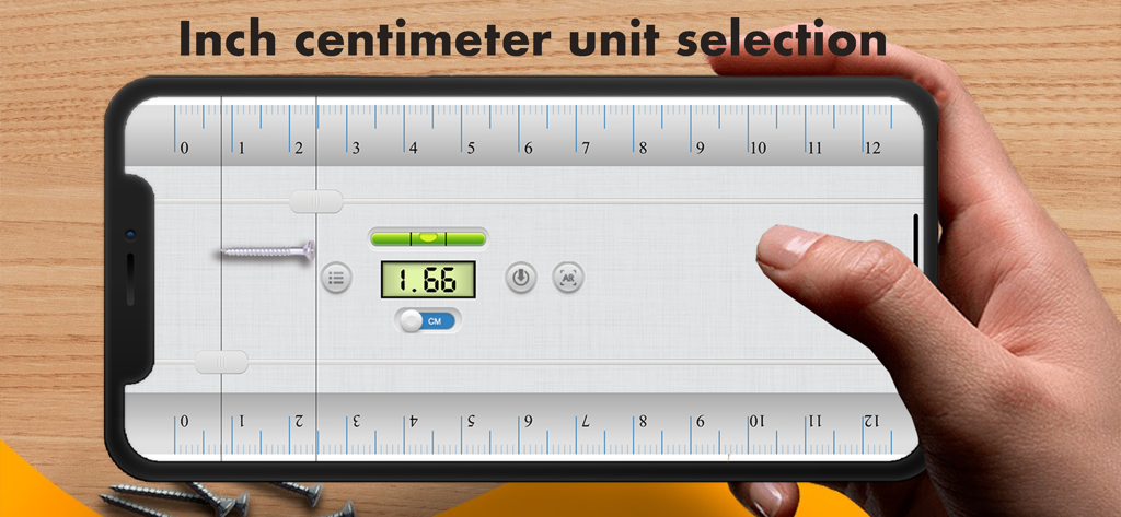 Ruler • - Smartphone mostrando una aplicación de regla digital midiendo un tornillo en la pantalla con selección de unidades