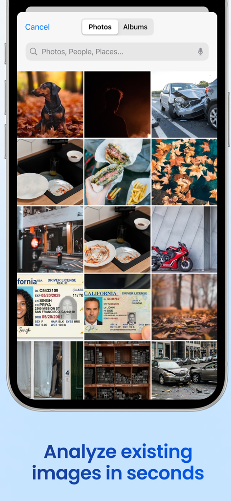 Mobile app interface showing a photo gallery for selecting and analyzing existing images for AI detection