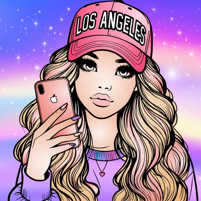 realistic beautiful girl wearing los ángeles cap holding an iphone