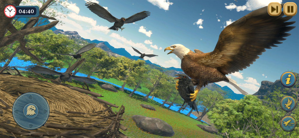 Eagle Bird Wild Life Sim Games - Bald eagle hunting a crow near its nest in a 3D wildlife simulation game.