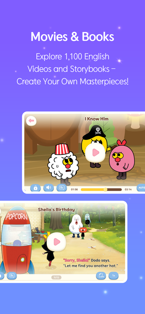 HiDODO: AI English Play School - Interfaz de la aplicación HiDODO que muestra películas animadas y libros de cuentos en inglés para niños.