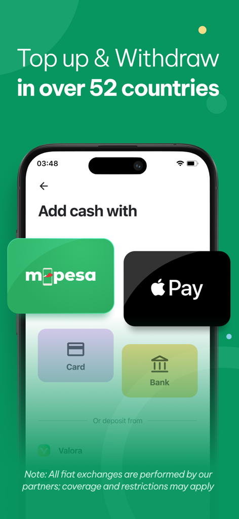 MiniPay: Easy Global Wallet - Interfaz de la aplicación móvil MiniPay que muestra opciones de pago globales, incluyendo Apple Pay y M-Pesa para transferencias internacionales