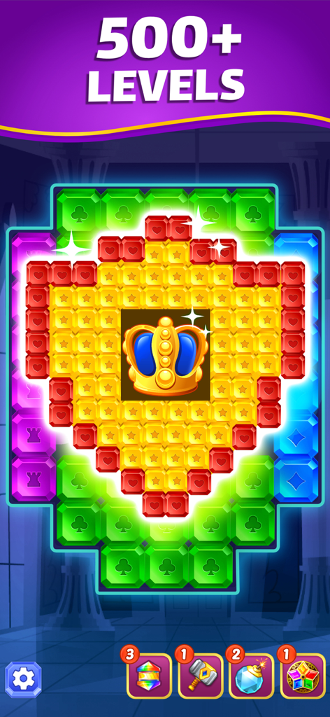 Un niveau de puzzle match 3 coloré dans Jewel Gem présentant une couronne dorée entourée de bijoux