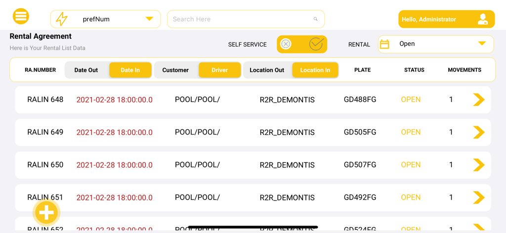 MyRent The Car Rental Software - Dashboard dell'app MyRent che mostra un elenco di contratti di noleggio auto con dettagli del veicolo e del cliente