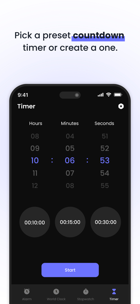 Clock : Alarm Clock & Timer - User interface of the Clock app showing the countdown timer with custom pickers and preset options