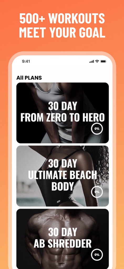 Lose Weight in 30 Days at Home - Interface showing various 30-day workout programs including Zero to Hero, Ultimate Beach Body, and Ab Shredder.