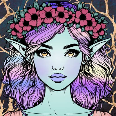realistic female elf with flower crown