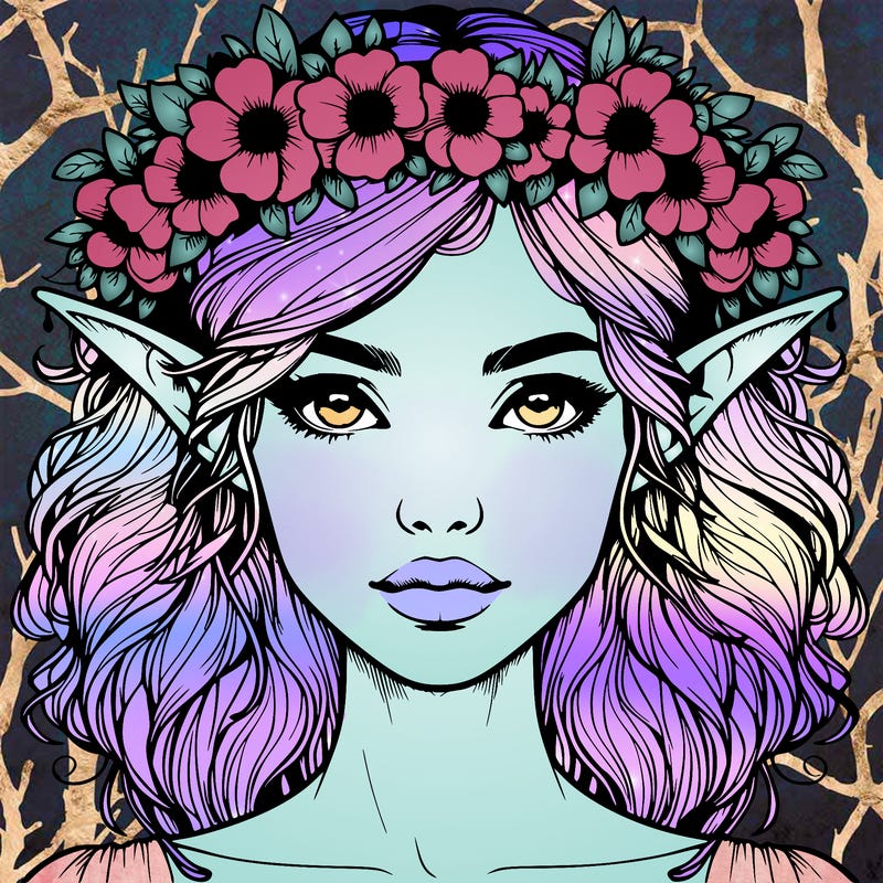 realistic female elf with flower crown