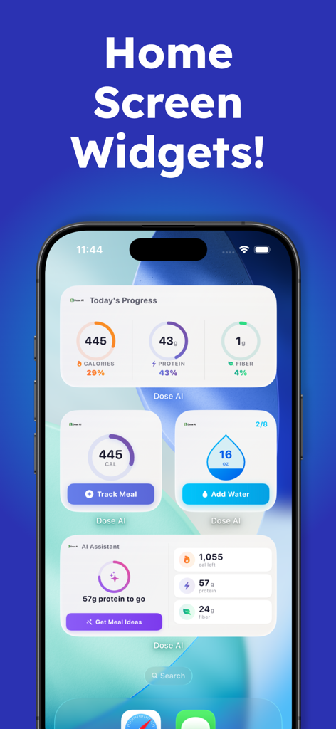 Dose AI - GLP1 Tracker - Dose AI GLP1 tracker home screen widgets showing protein calories and water progress