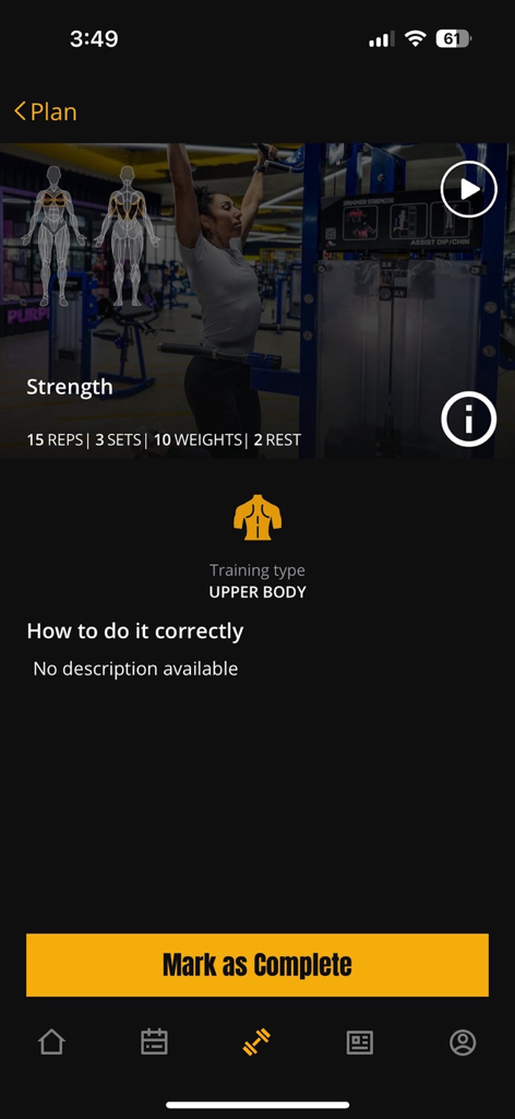 Upper body strength training details in the Fitness Map app showing reps sets and a muscle diagram