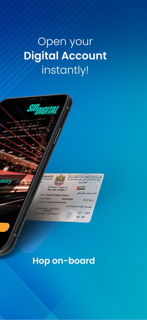 SIB Digital - SIB Digital 모바일 앱 인터페이스, Emirates ID를 사용한 즉시 디지털 계좌 개설.
