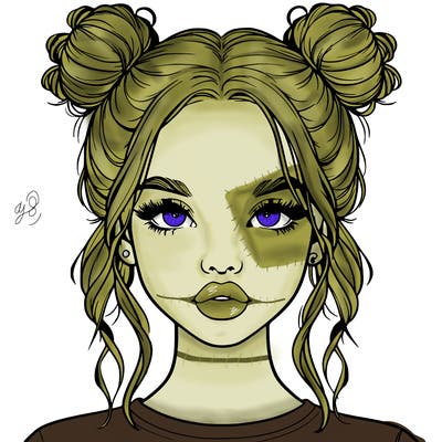 realistic girl with two buns in hair and lips