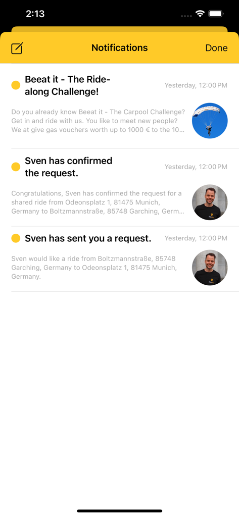 RideBee - A screenshot of the RideBee notification screen showing ride requests and a carpooling challenge.