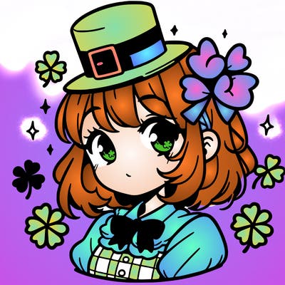 a manga-style girl with clovers around her, a little hat in her hair, like it's saint patrick's day
