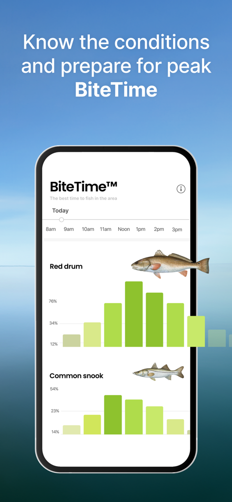 Fishbrain 앱이 특정 어종에 대한 BiteTime 낚시 활동 예측 및 피크 시간을 표시하고 있음