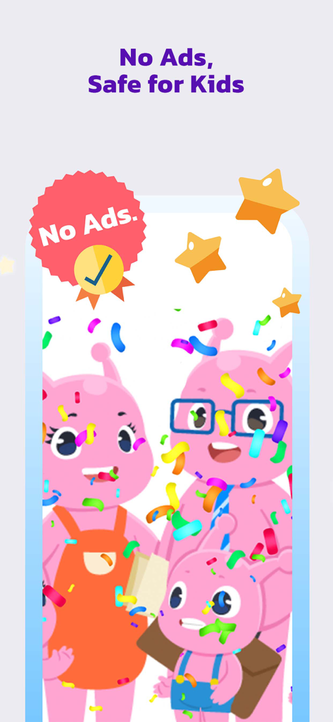 Galaxy Kids - Learning English - Galaxy Kids App-Bildschirm wirbt für eine sichere und werbefreie Lernumgebung für Kinder mit rosa Alien-Figuren