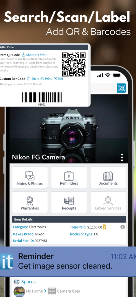 Itemtopia Inventory - Itemtopia Inventory app screen showing a Nikon camera with QR code and barcode labeling features.