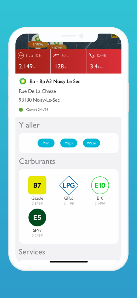 Prix Carburant - France - Page de détails de la station-service montrant les prix du carburant et les liens de navigation dans l'application Prix Carburant