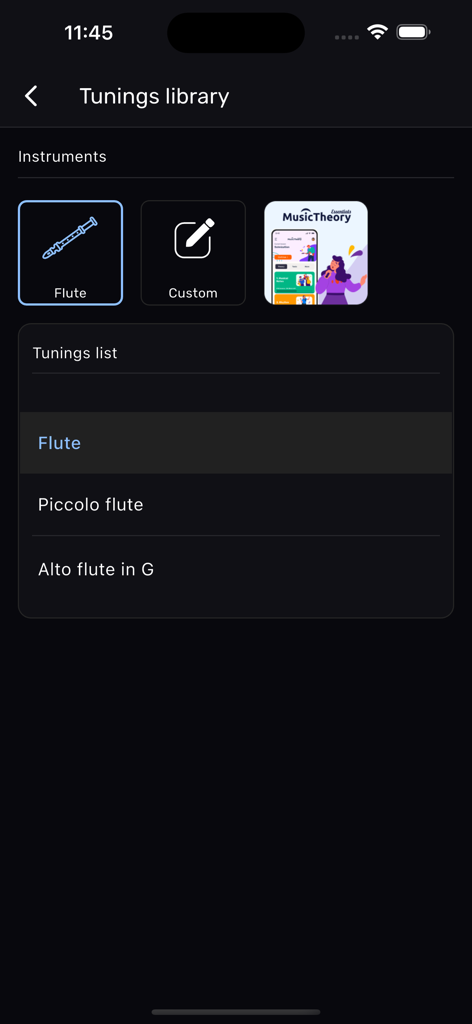 Flute Tuner – XTuner PRO - Tunings library screen in the XTuner PRO app displaying presets for flute piccolo and alto flute