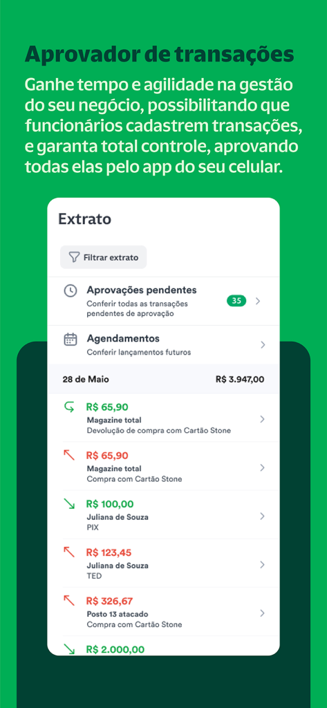 Stone: Maquininha e Conta PJ - Stone mobile App-Oberfläche, die die Transaktionshistorie des Unternehmens und ausstehende Genehmigungen anzeigt