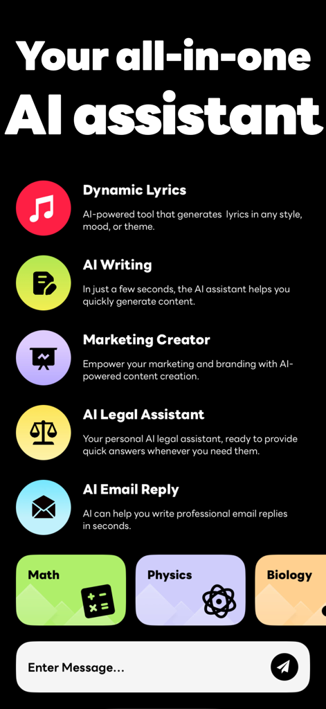 Dynamic Lyrics 2.0-Play in Car - A menu of AI assistant features in the Dynamic Lyrics app including music lyrics generation and educational tools