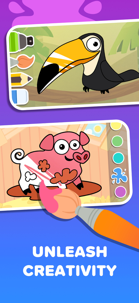 Puzzles & Colors: Kids Games - Interfaz de juego de colorear para niños que muestra un tucán y un cerdo siendo pintados con un pincel.