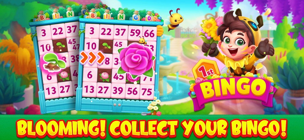 Bravo Bingo-Lucky Bingo Game - A garden themed bingo game screen from Bravo Bingo featuring floral bingo cards and a cheerful bee character celebrating a win