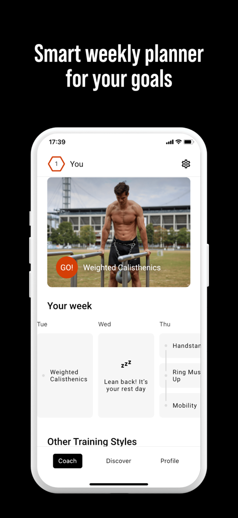 DIE RINGE Calisthenics Workout - Interface de planification hebdomadaire intelligente dans l'application de calisthenics DIE RINGE montrant un programme d'entraînement personnalisé