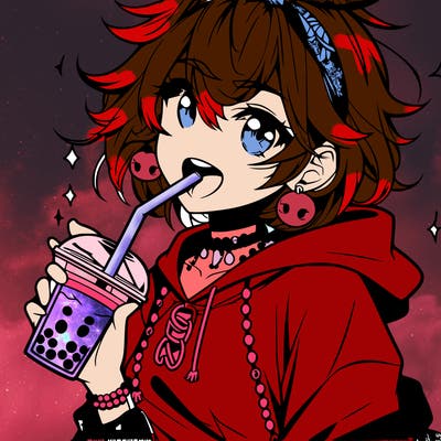 hot baddie anime girl drinking boba and biting the straw