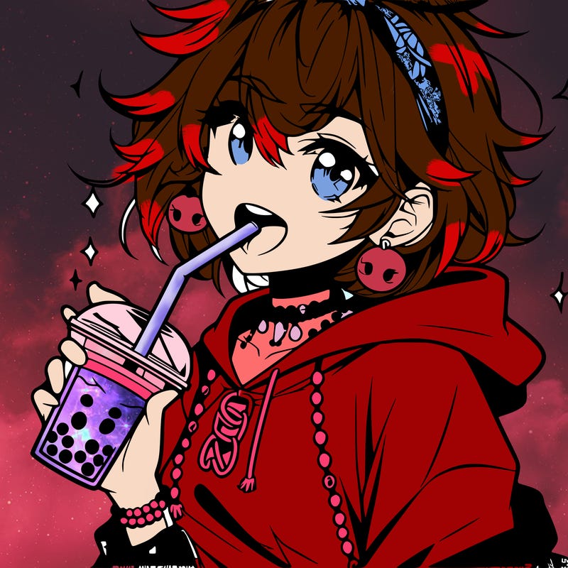 hot baddie anime girl drinking boba and biting the straw