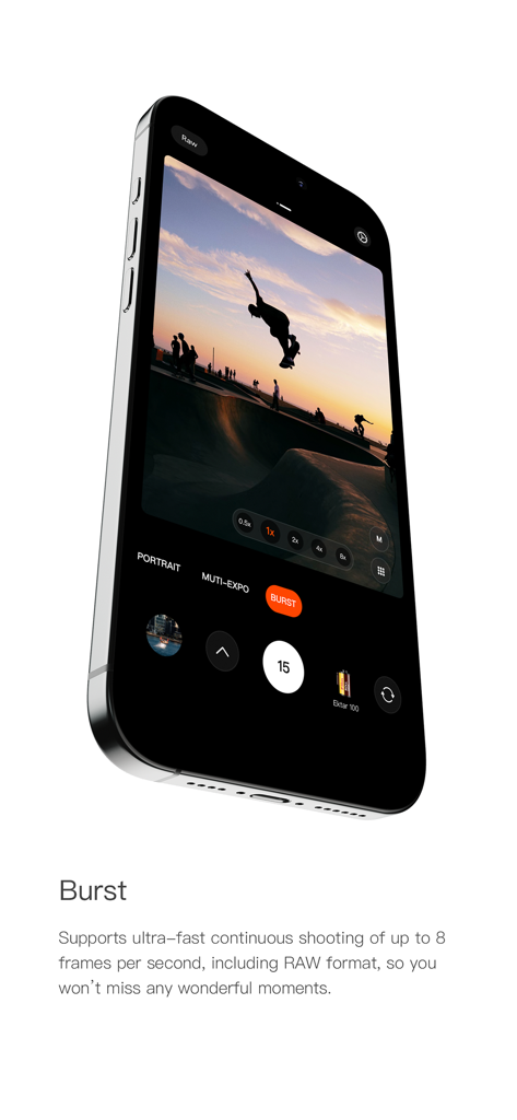 FotorGear app interface in burst mode capturing a skateboarder in mid-air at sunset