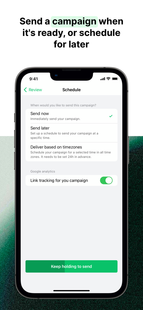 MailerLite Manager - MailerLite Manager mobile interface for scheduling email campaigns with options to send now or later.