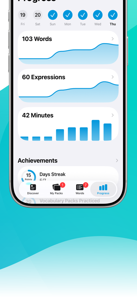 Ein mobiler Bildschirm zeigt den Lernfortschritt für Wörter und Ausdrücke in der Learn Greek with LENGO App