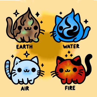 4 cats that represent the different elements, earth, water, air, and fire