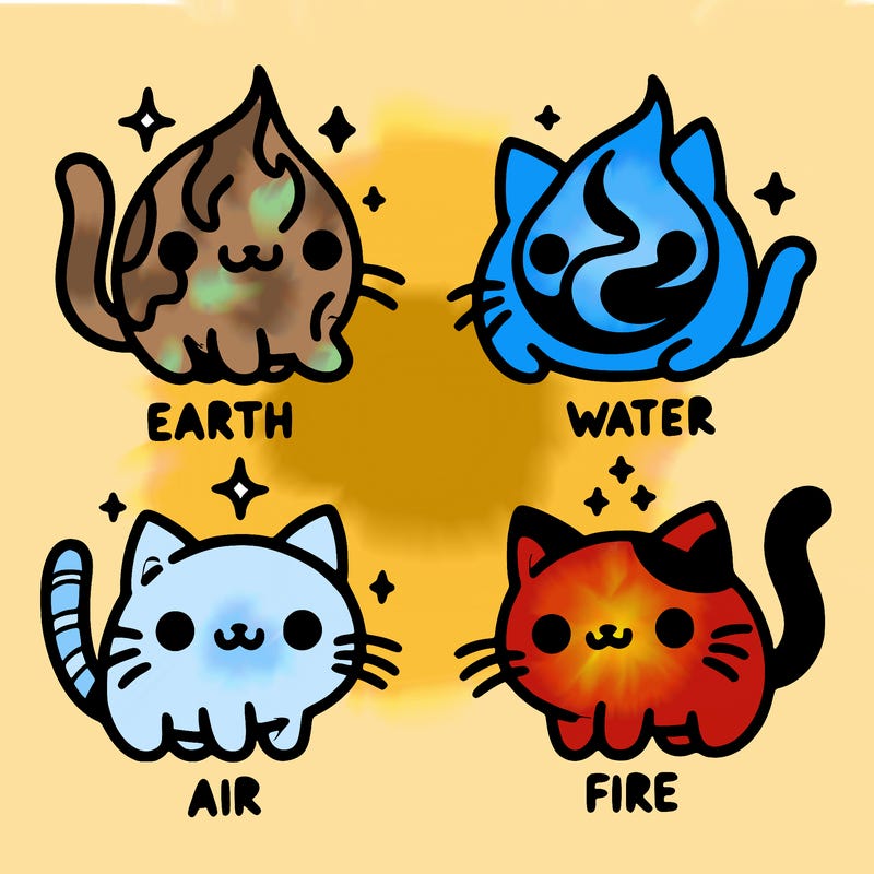 4 cats that represent the different elements, earth, water, air, and fire