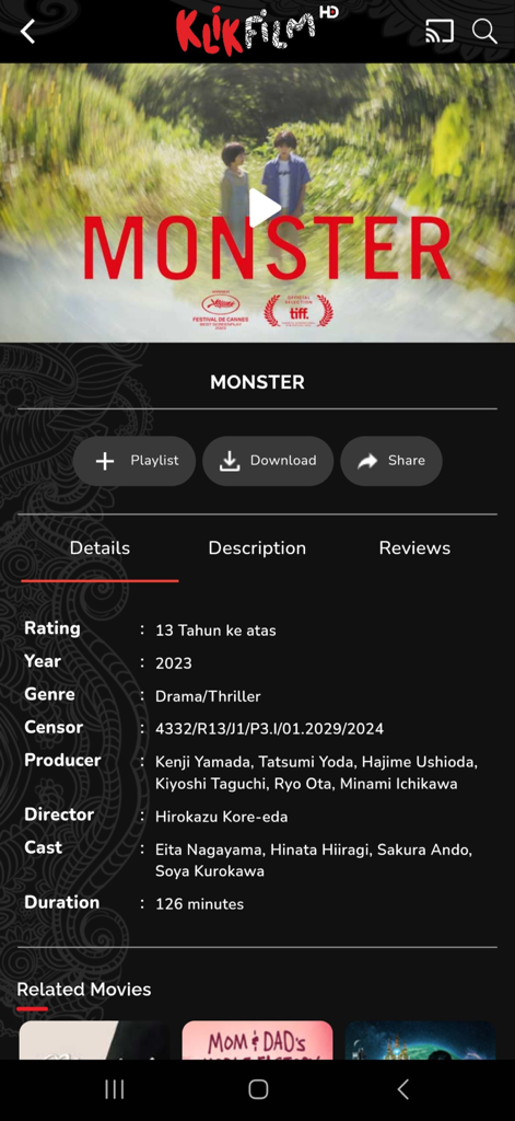 KlikFilm - Movie details page for the film Monster on the KlikFilm app