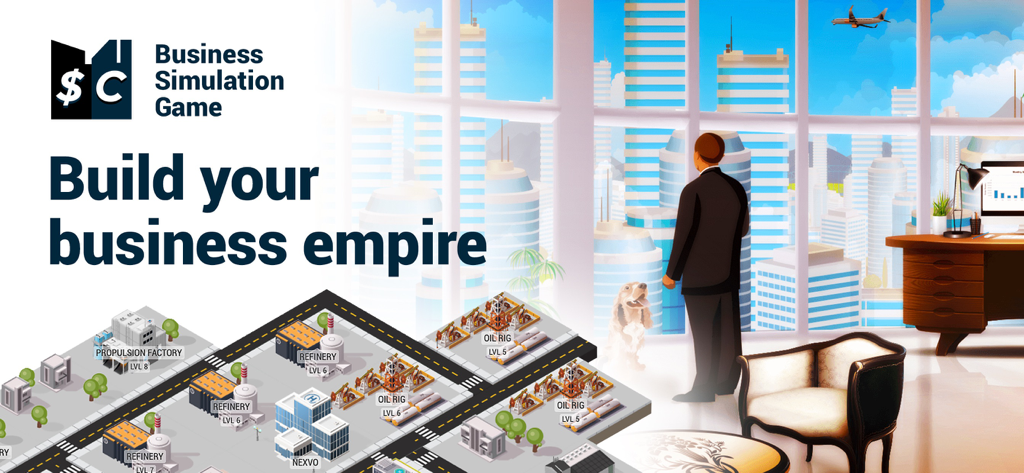 Sim Companies MMO Tycoon promotional banner showing a virtual industrial city and the text Build your business empire