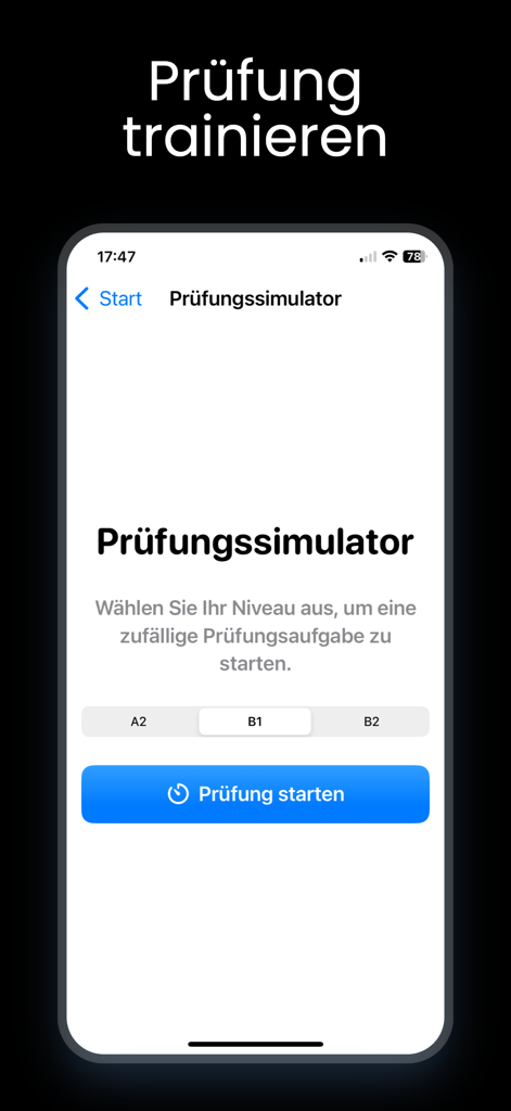 German language exam simulator screen with level selection buttons for A2 B1 and B2
