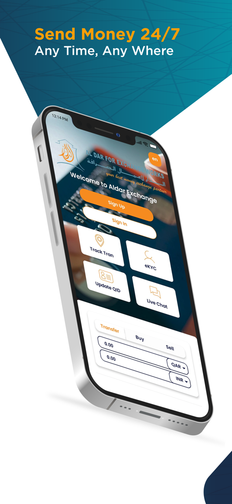 ALDAR FOR EXCHANGE WORKS - Aldar Exchange app home screen showing options to sign in, track transfers, and a currency calculator for international money remittance.