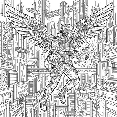 Dive into a thrilling blend of the divine and the dystopian with this captivating Cyberpunk Messenger Angel coloring page. Featuring intricate details of mechanical wings, futuristic armor, and a sprawling city, it's a unique artistic adventure.
