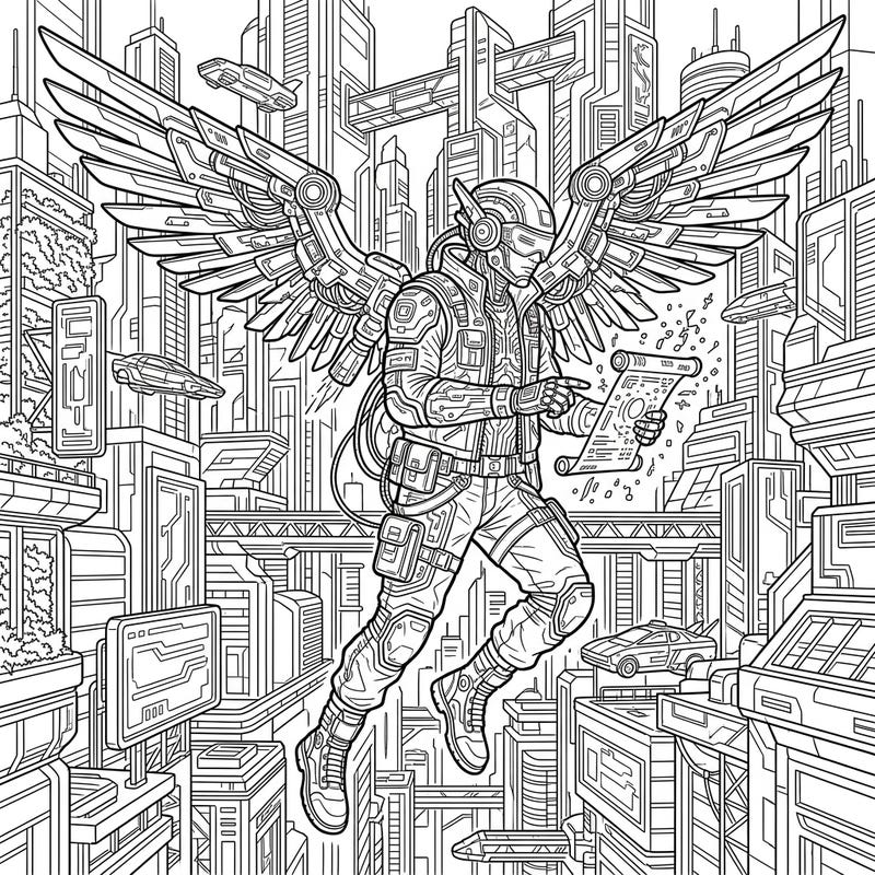 Dive into a thrilling blend of the divine and the dystopian with this captivating Cyberpunk Messenger Angel coloring page. Featuring intricate details of mechanical wings, futuristic armor, and a sprawling city, it's a unique artistic adventure.