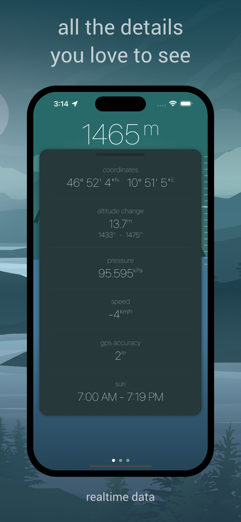 Minimalist smartphone interface of the menti app displaying real-time altitude, GPS coordinates, barometric pressure, and sunrise times.