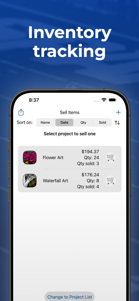 Craft Pricing Assistant Pro - 在庫追跡画面。工芸プロジェクトのアイテム価格、利用可能な数量、販売された数量が表示されています。
