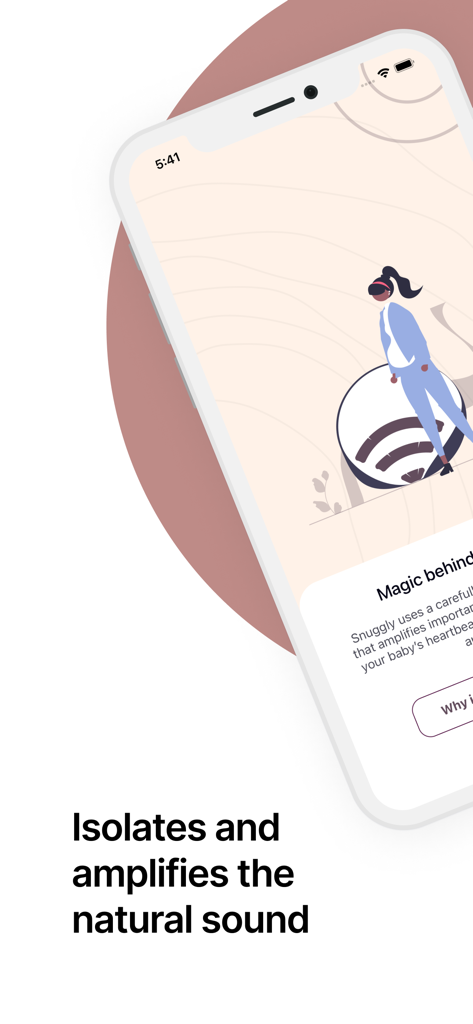 Snuggly: Record Baby Heartbeat - iPhone screen showing the Snuggly app feature for isolating and amplifying a baby's heartbeat sound.