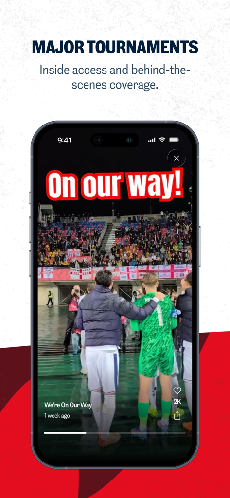 The Official England App - La pantalla de grandes torneos de La Aplicación Oficial de Inglaterra con contenido de video exclusivo detrás de cámaras del equipo de fútbol.