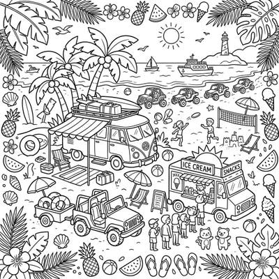 Get ready for an exciting summer adventure with this vibrant coloring page! Featuring cool automobiles, playful kids, and all the classic beach fun, it's perfect for little artists to bring to life.
